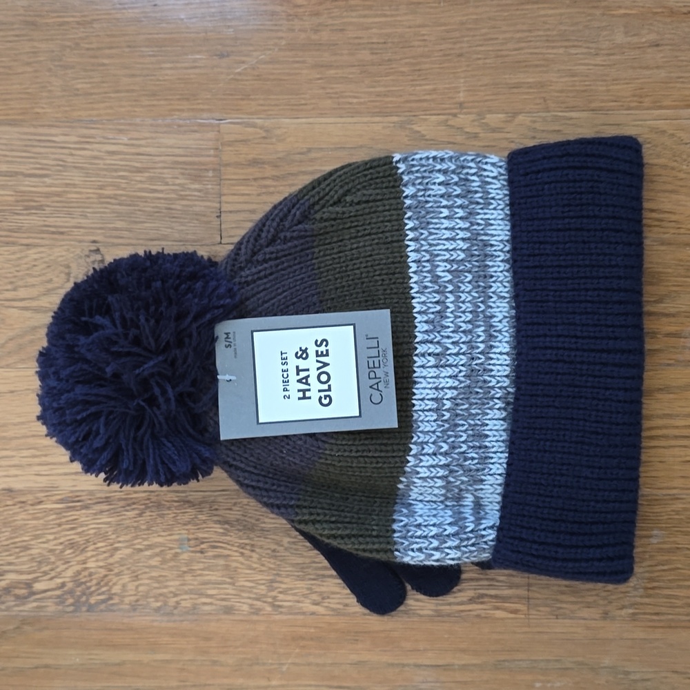 CAPELLI OF NEW YORK BRAND BOYS BLUE & GREEN WINTER HAT & GLOVES SMALL/MEDIUM